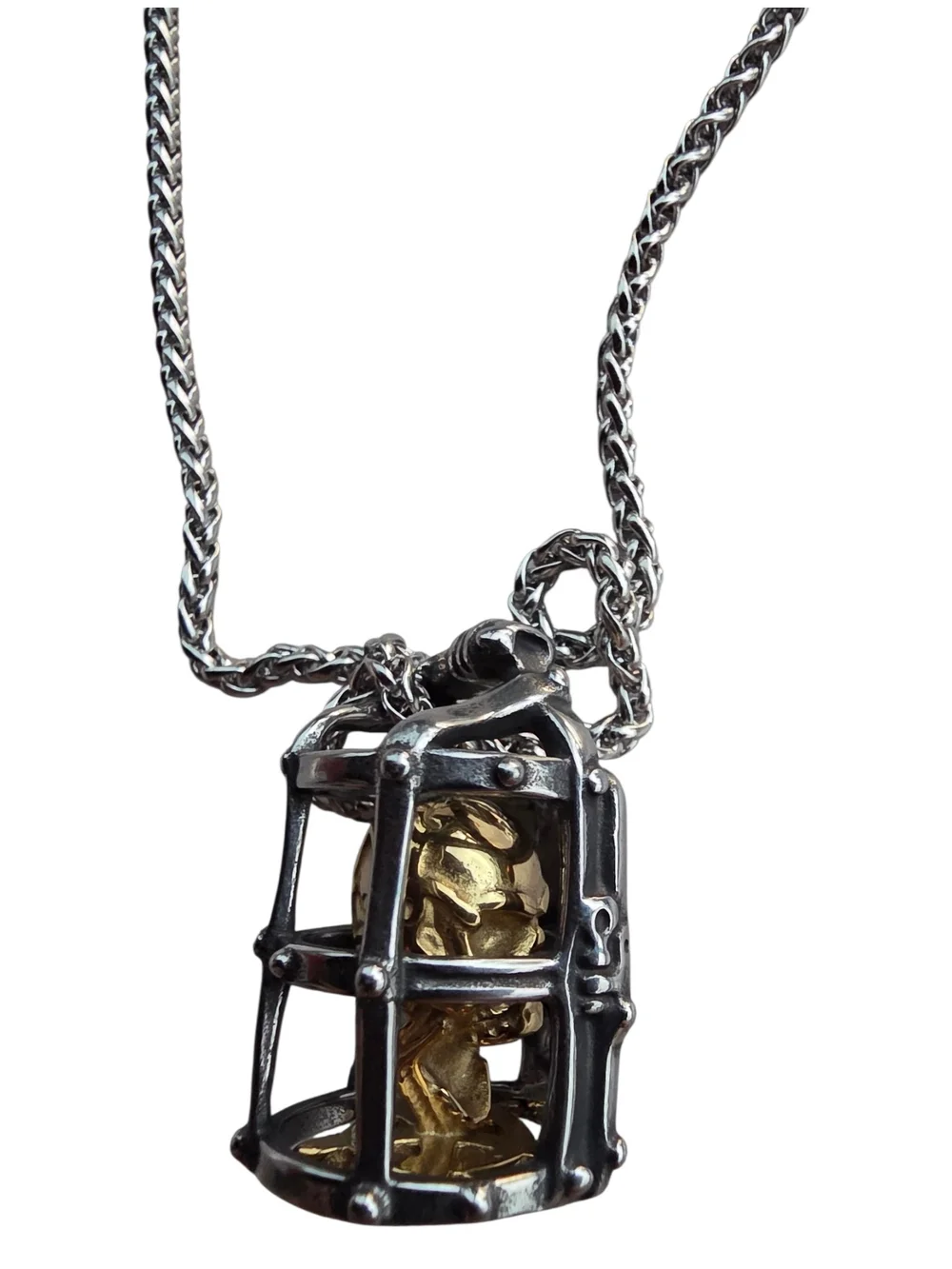 New Stainless Steel Silver Cage With Gold Skull Inside Necklace (Unisex)